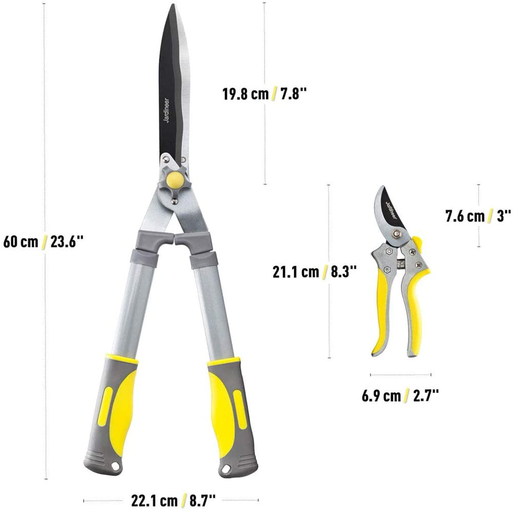 Jardineer 2 Pieces Professional Hedge Clippers, 23.6" Heavy Duty Hedge Shears, 8.3" Hand Pruners