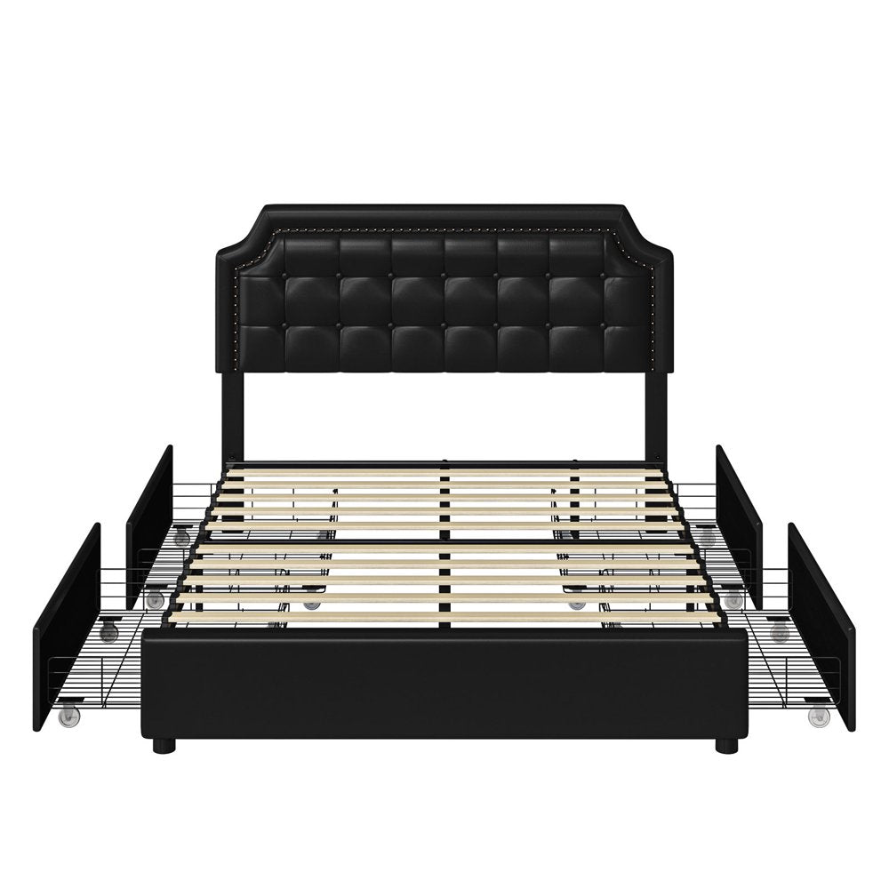 Homfa Full Storage Bed with 4 Drawers, PU Leather Platform Bed Frame with Adjustable Upholstered Headboard, Black