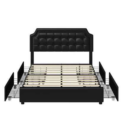 Homfa Full Storage Bed with 4 Drawers, PU Leather Platform Bed Frame with Adjustable Upholstered Headboard, Black