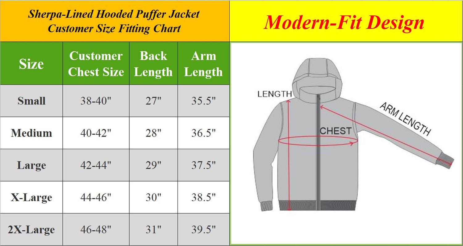 Mens Sherpa-Lined Hooded Puffer Jacket (Sizes, S to 2XL)