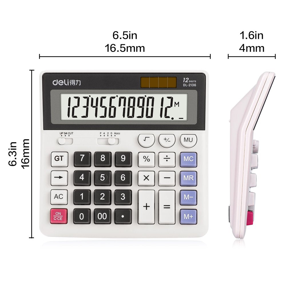 12-Digit Desktop Calculator, Dual Power, Extra Large LCD Display, White