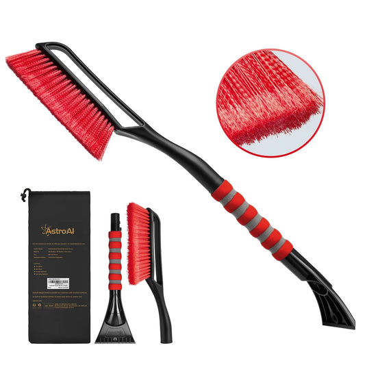 AstroAI Ice Scraper and Detachable Snow Brush for Cars, Snow Broom with Foam Grip, Red, 1 Pack