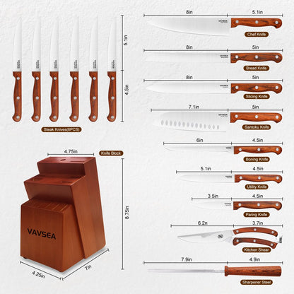 VAVSEA Knife Block Set, 16 Pieces Kitchen Knife Set with Block, Stainless Steel Knife Set for Best Gift, Home