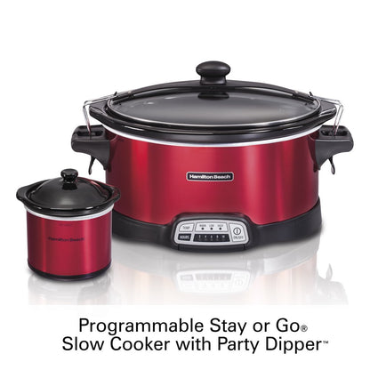 Hamilton Beach Stay or Go Programmable Slow Cooker with Party Dipper, 7 Quart Capacity,Removable Crock, Red, 33478