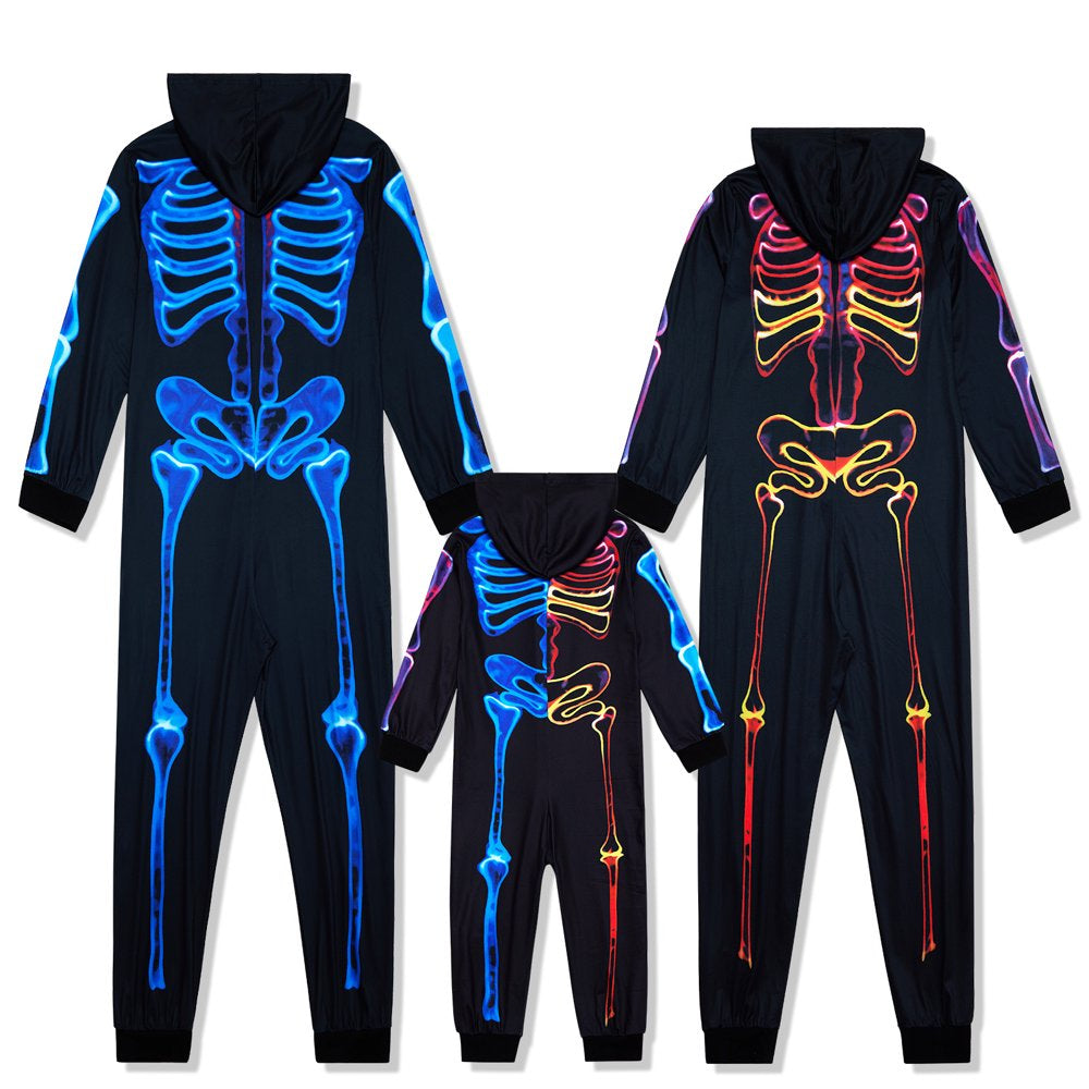 Family Matching Halloween Onesies Pajamas, Funny Skeleton Printed Hooded Zippered PJs Holiday Loungewear for Men/Women/Kids