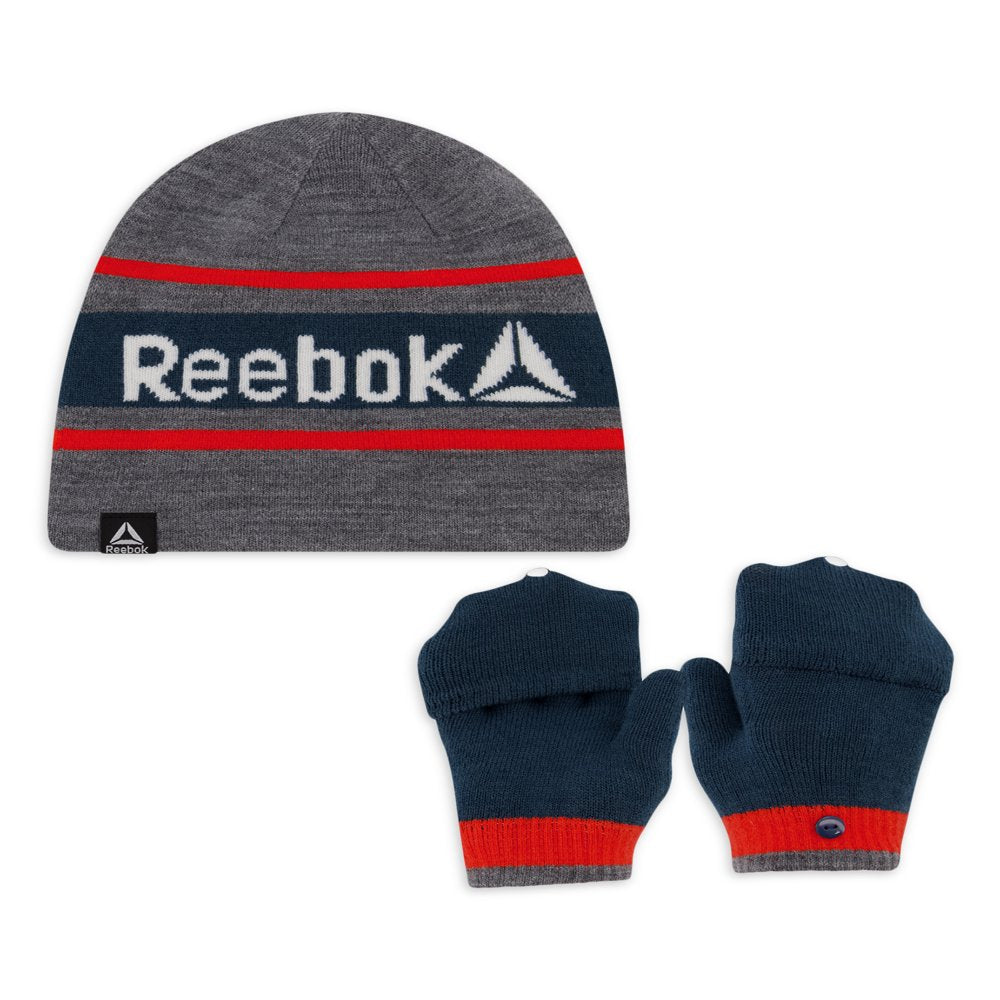 Reebok Boys Reversible Beanie with Pop Top Mittens Set