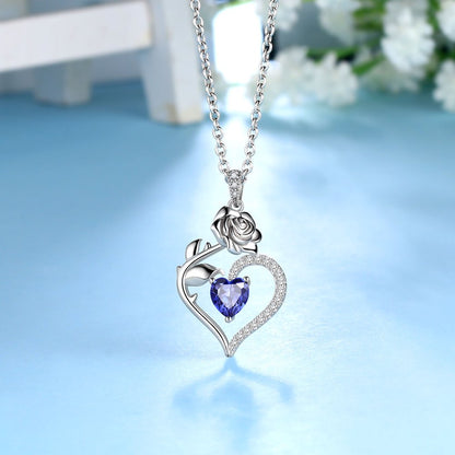 Beautlace 925 Sterling Silver Birthstone Necklace for Women Rose Flower Heart Pendant Necklace Fine Jewelry Anniversary Birthday Christmas Gifts for Women Girls