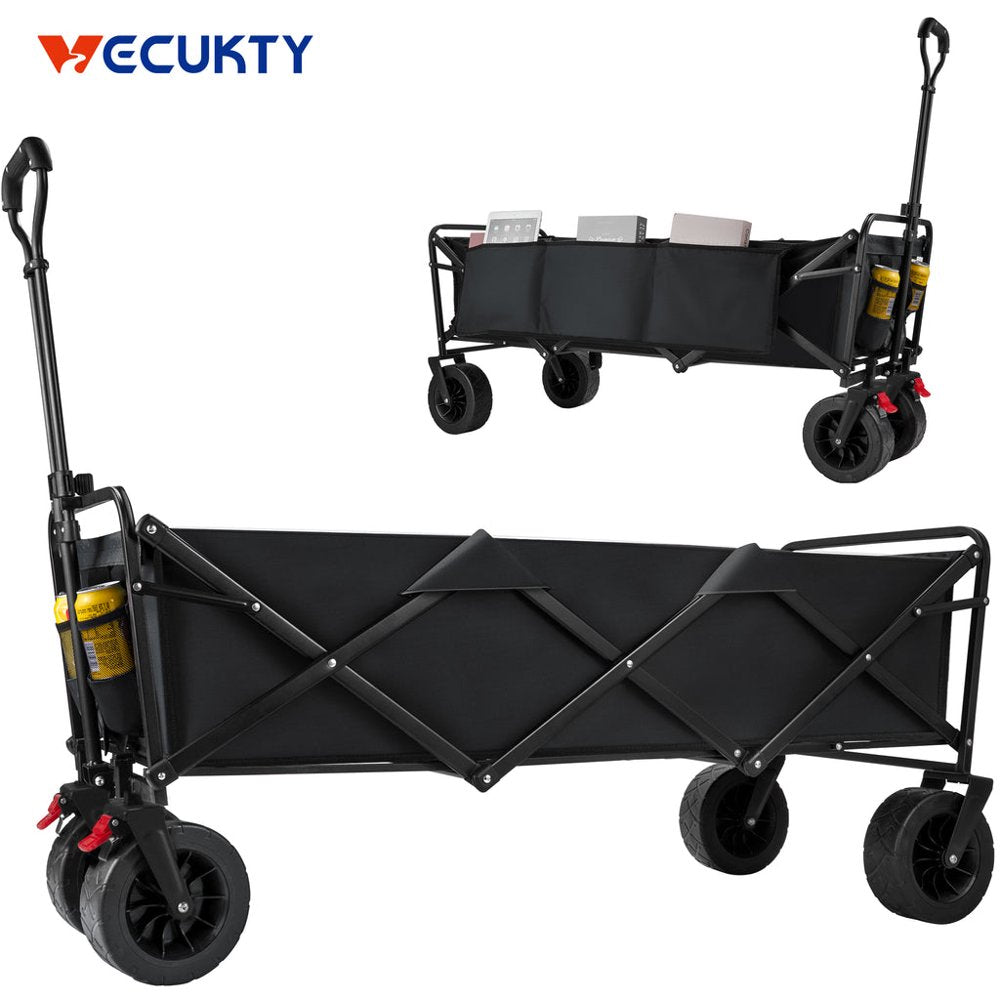 Super Large Collapsible Garden Cart,  Folding Wagon Utility Carts with Wheels and Rear Storage, Wagon Cart for Garden, Camping, Grocery Cart, Shopping Cart, Black