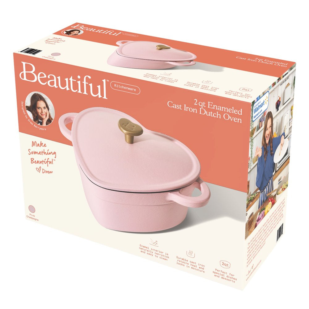 Beautiful 2QT Cast Iron Heart Dutch Oven, Pink Champagne by Drew Barrymore