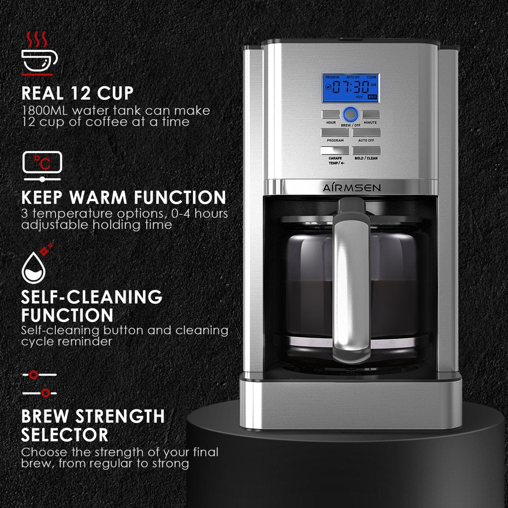 Stainless Steel 12 Cup Drip Coffee Maker Self-Cleaning