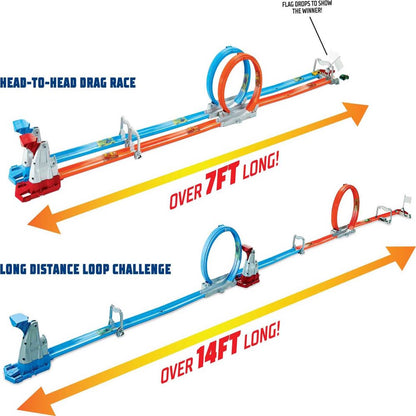 Hot Wheels Double Loop Dash Track Set with 2 Toy Cars in 1:64 Scale, 12-ft Long, for Children Ages 5 Years and Up