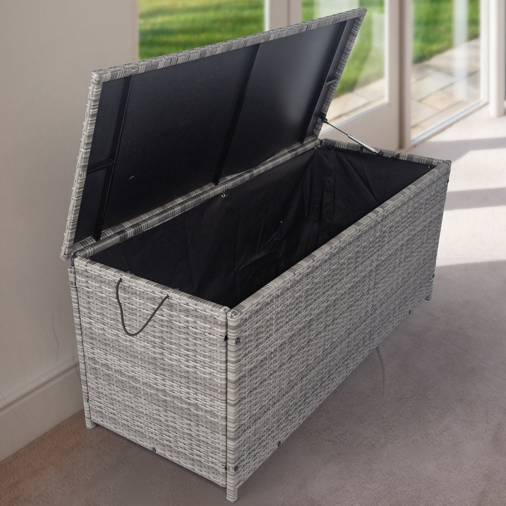 Seizeen Rattan Deck Box for Outside, 113GAL Outdoor Storage Box w/Waterproof Liner for Pool Accessories, Patio Storage Furniture for Garden Poolside, Towel Grey