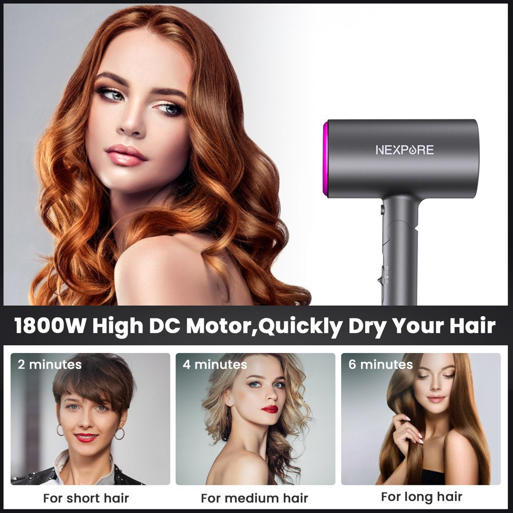 Hair Dryer, NEXPURE 1800W Professional Ionic Hairdryer for Hair Care, Powerful Hot/Cool Wind Blow Dryer, 3 Magnetic Attachments, ETL, UL and ALCI Safety Plug (Dark Grey)