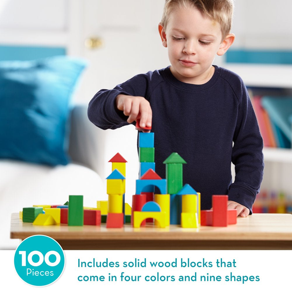 Melissa & Doug Wooden Building Blocks Set - 100 Blocks in 4 Colors and 9 Shapes - FSC-Certified Materials