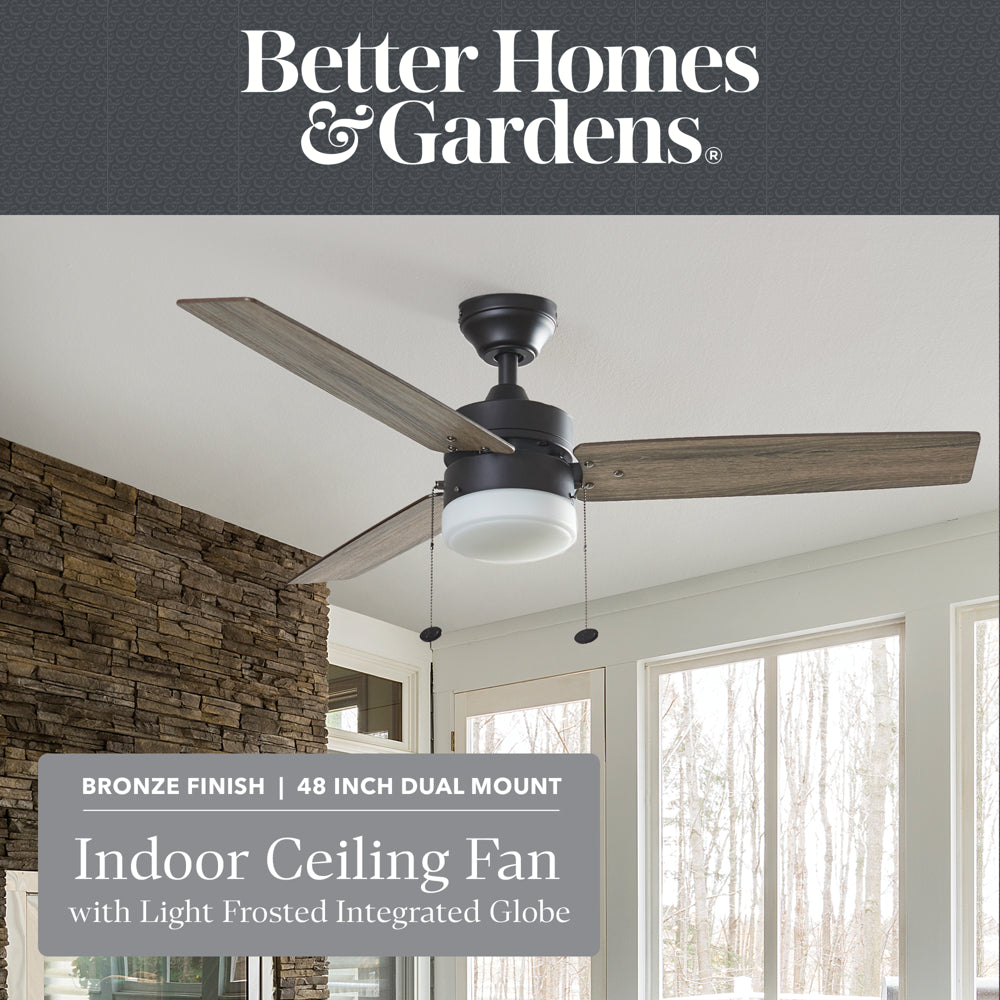 Better Homes & Gardens Olson 48" Oil-Rubbed Bronze Ceiling Fan with Light, 3 Blades, Pull Chains & Reverse Airflow