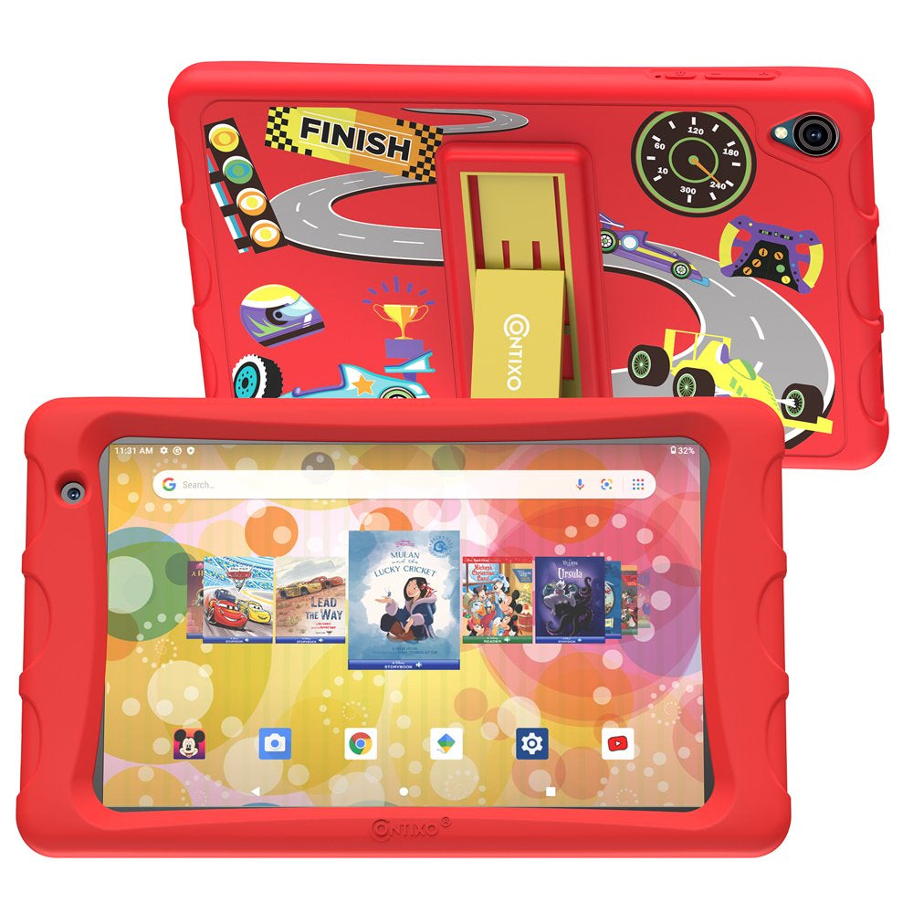 Contixo 8" Android Kids Tablet 64GB, Includes 80+ Disney Storybooks & Stickers, Kid-Proof Case with Kickstand, (2023 Model) - Red