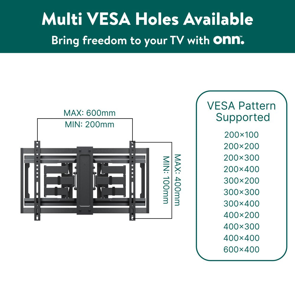 onn. Ultra-slim Full Motion TV Wall Mount for 50" to 86" TVs, up to 20° Tilting