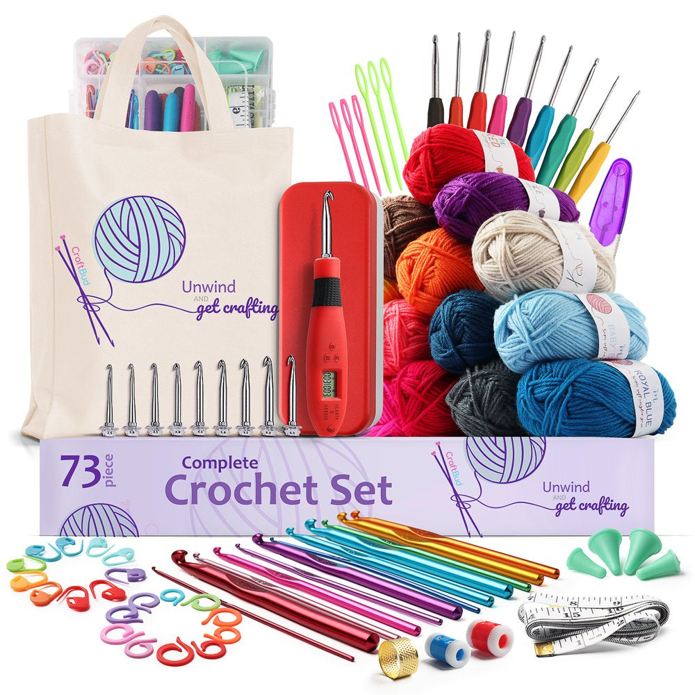 73 Piece Crochet Set Kit with Crochet Hooks Yarn Set, Premium Bundle Includes Yarn Balls, Needles, Accessories Kit, Canvas Tote Bag for Travel