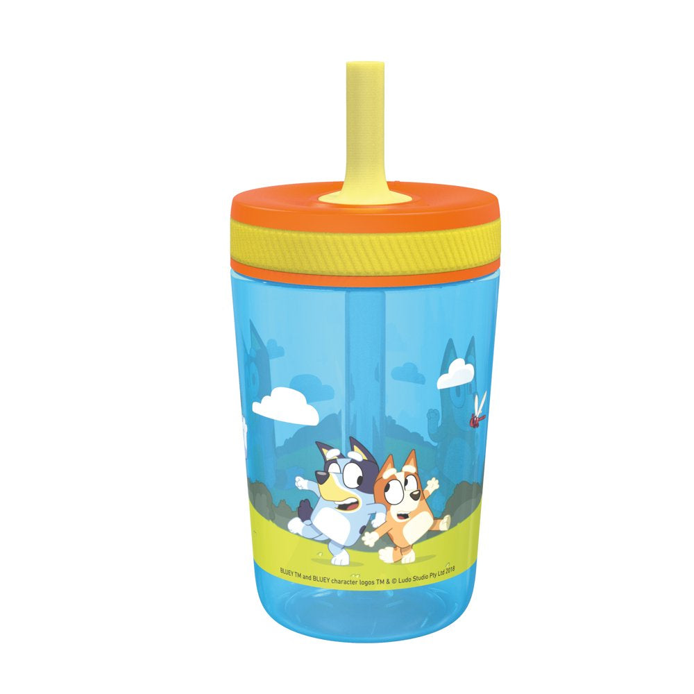 Zak Designs 15 oz Travel Straw Tumbler Plastic and Silicone with Leak-Proof Valve for Kids, 2-Pack Bluey