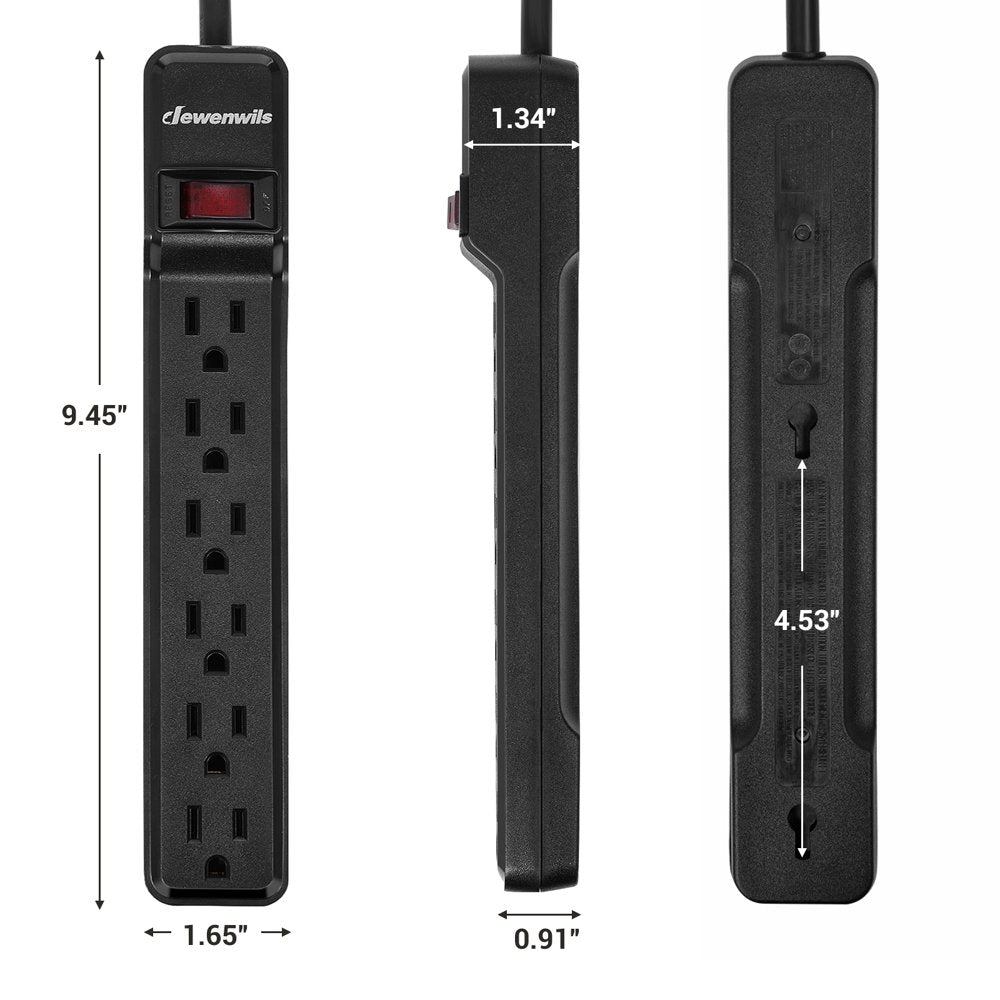 DEWENWILS 6-Outlet Surge Protector Power Strip with 10ft Long Extension Cord, Low Profile Flat Plug, 500 J, Black