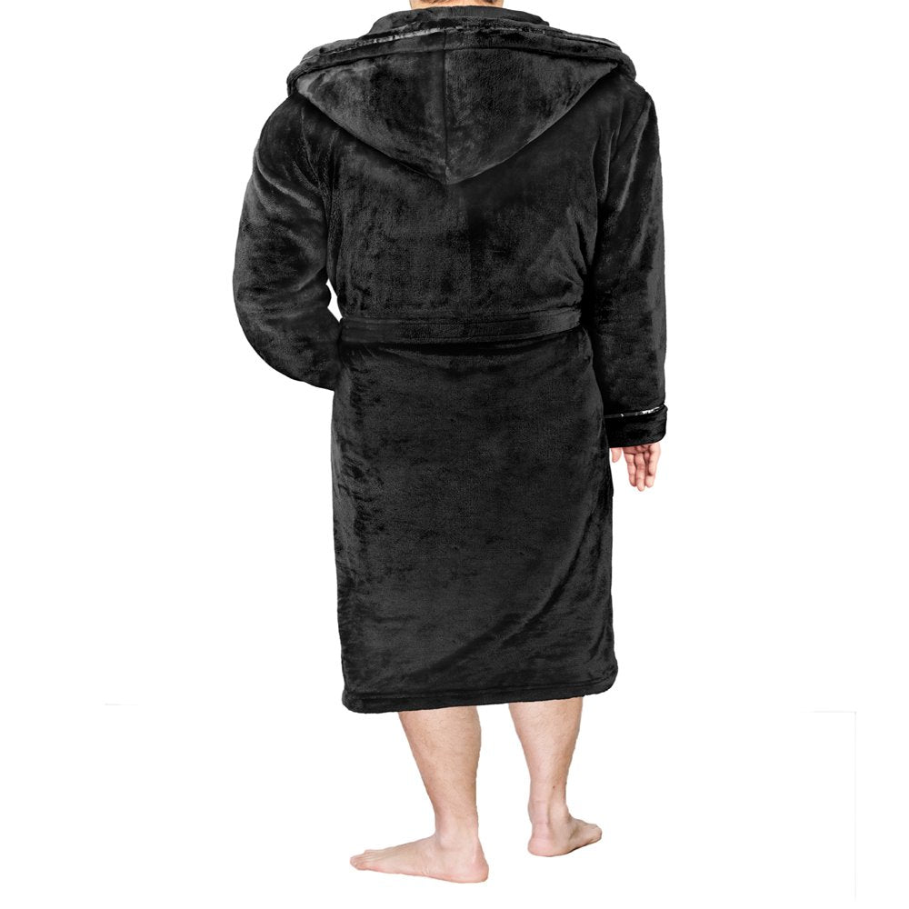 PAVILIA Mens Robe, Hooded Soft Robe for Men, Warm Bathrobe with Hood for Bath Shower Spa with Shawl Collar, Pockets, Satin Trim, Plush Fleece - Black